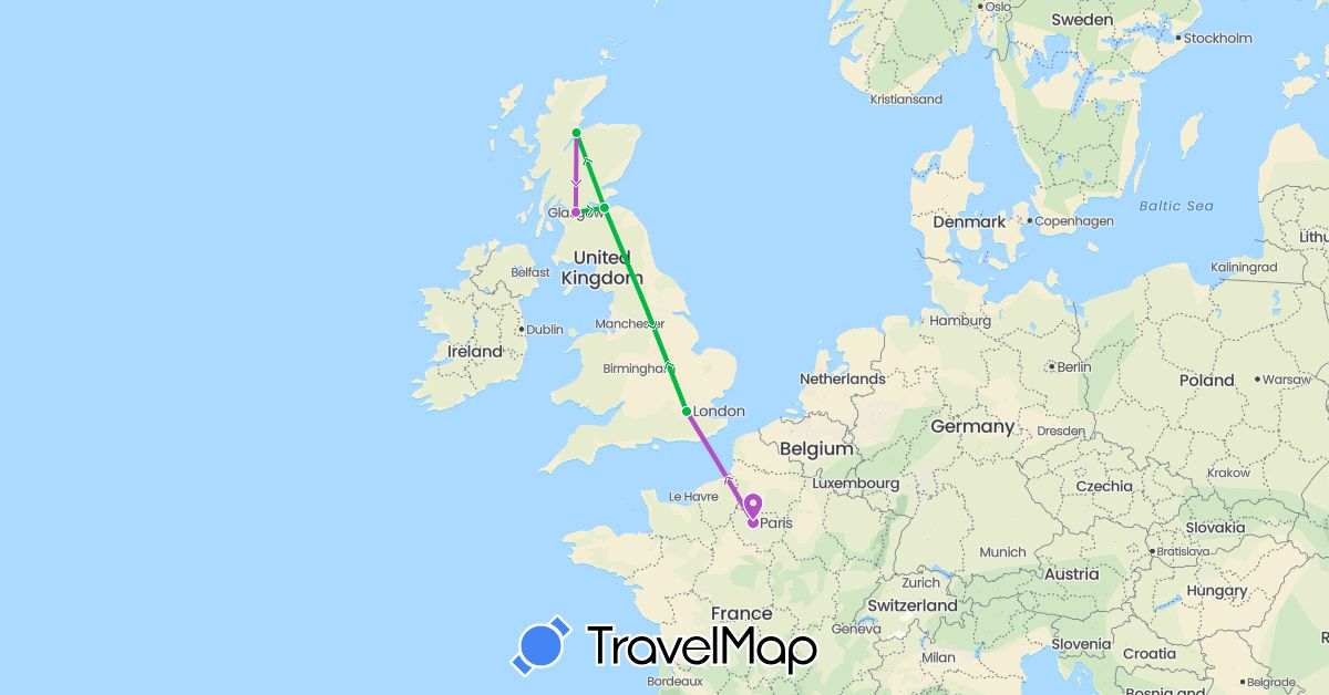 TravelMap itinerary: driving, bus, train in France, United Kingdom (Europe)